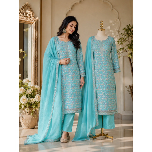 Premium Turquoise Blue Crepe Unstitched Suit with Intricate Jaal Embroidery & Chiffon Dupatta