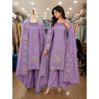 Elegant Lavender Mal Cotton Kameez with Farshi Salwar and Floral Thread Embroidery
