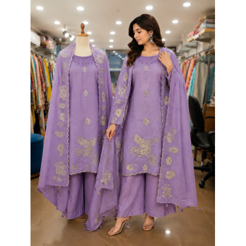 Elegant Lavender Mal Cotton Kameez with Farshi Salwar and Floral Thread Embroidery