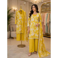 Premium Mustard Yellow Cotton Kameez with Farshi Salwar & White Floral Block Print Stitched Suit