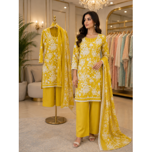 Premium Mustard Yellow Cotton Kameez with Farshi Salwar & White Floral Block Print Stitched Suit