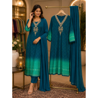 Premium Teal Blue and Sea Green Ombré Maslin Stitched Suit Set Premium Teal Blue and Sea Green Ombré Maslin Stitched Suit Set