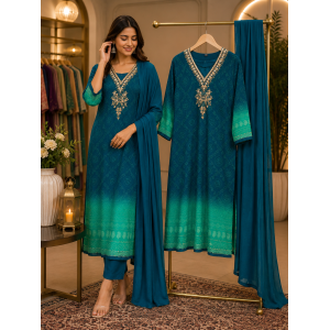 Premium Teal Blue and Sea Green Ombré Maslin Stitched Suit Set