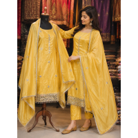 Vibrant Mustard Yellow Shimmer Unstitched Fabric Set with Real Mirror Work & Opada Silk Bottom