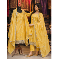 Vibrant Mustard Yellow Shimmer Unstitched Fabric Set with Real Mirror Work & Opada Silk Bottom
