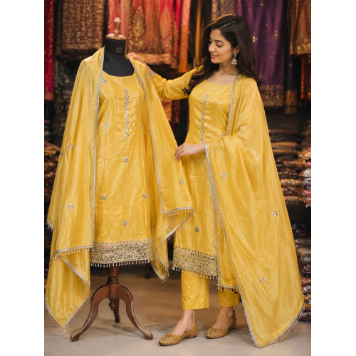 Vibrant Mustard Yellow Shimmer Unstitched Fabric Set with Real Mirror Work & Opada Silk Bottom