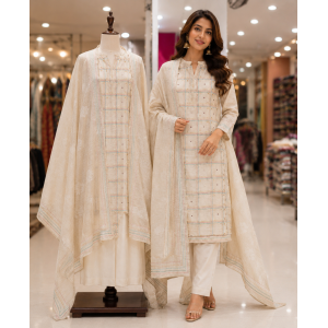 Elegant Beige Jamdani Unstitched Boutique Suit Set with Matching Jamdani Dupatta