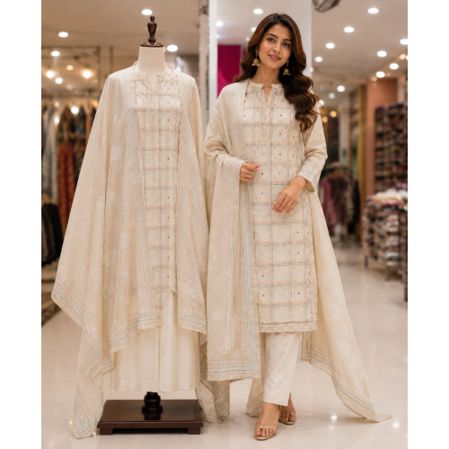 Elegant Beige Jamdani Unstitched Boutique Suit Set with Matching Jamdani Dupatta Elegant Beige Jamdani Unstitched Boutique Suit Set with Matching Jamdani Dupatta
