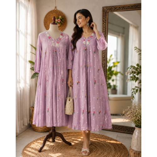 Lavender Floral Embroidered Premium Cotton Anarkali Frock Set Lavender Floral Embroidered Premium Cotton Anarkali Frock Set