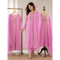 Elegant Rose Pink Organza Unstitched Boutique Suit Set with Pure Chiffon Dupatta