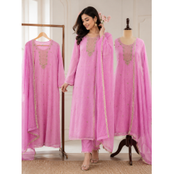 Elegant Rose Pink Organza Unstitched Boutique Suit Set with Pure Chiffon Dupatta