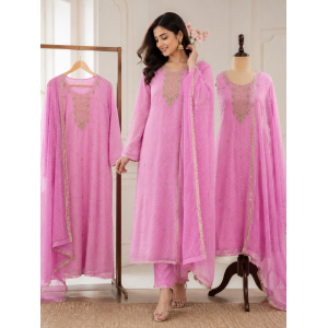 Elegant Rose Pink Organza Unstitched Boutique Suit Set with Pure Chiffon Dupatta