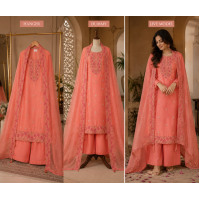 Luxury Peach Coral Tissue Shimmer Unstitched Suit with Intricate Embroidered Neck & Fancy Shimmer Dupatta Luxury Peach Coral Tissue Shimmer Unstitched Suit with Intricate Embroidered Neck & Fancy Shimmer Dupatta