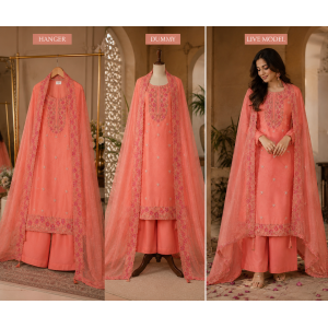 Luxury Peach Coral Tissue Shimmer Unstitched Suit with Intricate Embroidered Neck & Fancy Shimmer Dupatta