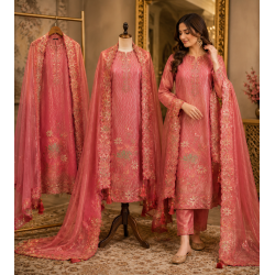 Luxurious Coral Peach Shimmer Unstitched Boutique Suit Set with Exquisite Applique Patch Work