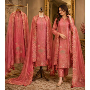 Luxurious Coral Peach Shimmer Unstitched Boutique Suit Set with Exquisite Applique Patch Work