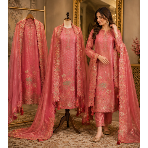 Luxurious Coral Peach Shimmer Unstitched Boutique Suit Set with Exquisite Applique Patch Work