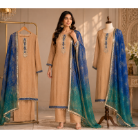 Royal Beige Fancy Silk Unstitched Suit with Ombre Blue Jacquard Fancy Dupatta