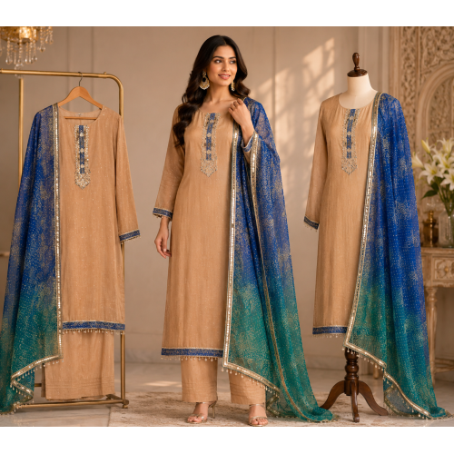 Royal Beige Fancy Silk Unstitched Suit with Ombre Blue Jacquard Fancy Dupatta Royal Beige Fancy Silk Unstitched Suit with Ombre Blue Jacquard Fancy Dupatta