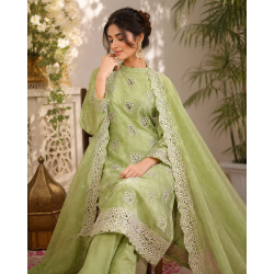 Sophisticated Mint Green Shimmer Viscose Unstitched Boutique Suit Set with Intricate Cutwork Daaman