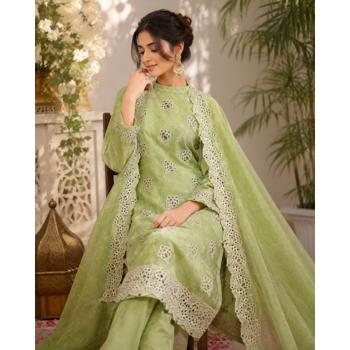 Sophisticated Mint Green Shimmer Viscose Unstitched Boutique Suit Set with Intricate Cutwork Daaman