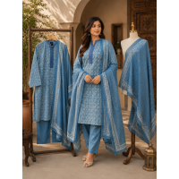 Classic Indigo Blue Geometric Cotton Unstitched Suit with Matching Cotton Printed Dupatta