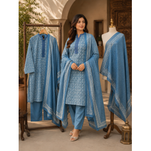 Classic Indigo Blue Geometric Cotton Unstitched Suit with Matching Cotton Printed Dupatta