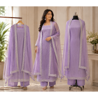 Elegant Lavender Soft Crunchy Crush Unstitched Suit with Vertical Sequin Embroidery & Fancy Crush Dupatta