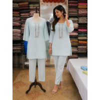 Chic Powder Blue Premium Cotton Co-Ord Set with Embroidered Mirror Work Placket