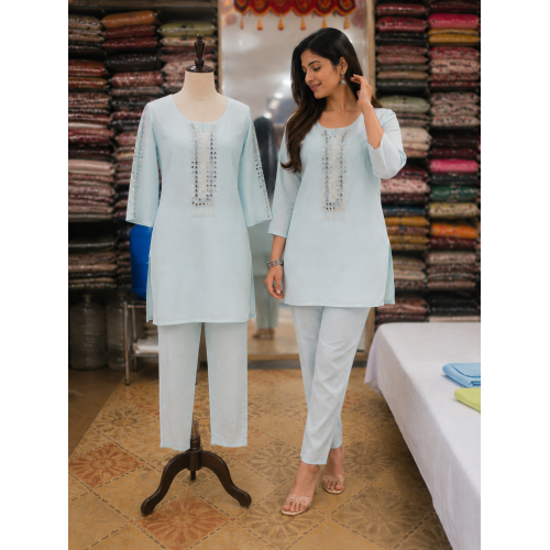 Chic Powder Blue Premium Cotton Co-Ord Set with Embroidered Mirror Work Placket