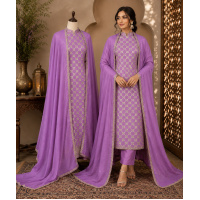 Royal Purple Chinon Unstitched Suit with Pure Chiffon Dupatta & Elegant Zari Weaving