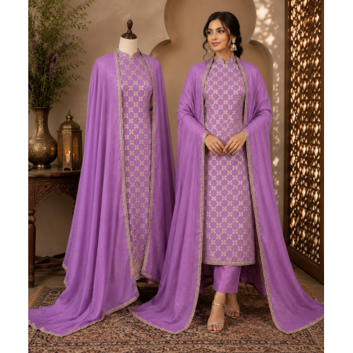 Royal Purple Chinon Unstitched Suit with Pure Chiffon Dupatta & Elegant Zari Weaving