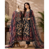 Royal Navy Blue Jam Cotton Unstitched Suit with Pure Chiffon Printed Dupatta