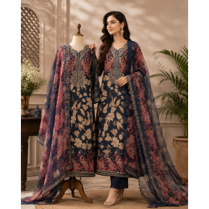 Royal Navy Blue Jam Cotton Unstitched Suit with Pure Chiffon Printed Dupatta