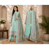 Elegant Pastel Mint Green Cotton Unstitched Suit with Matching Printed Cotton Dupatta