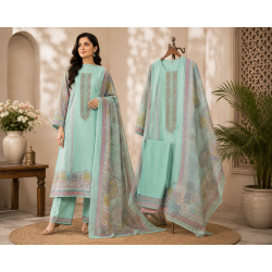 Elegant Pastel Mint Green Cotton Unstitched Suit with Matching Printed Cotton Dupatta