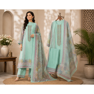 Elegant Pastel Mint Green Cotton Unstitched Suit with Matching Printed Cotton Dupatta