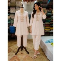 Premium Blush Pink Cotton Co-Ord Set with Heavy Embroidered Mirror & Pearl Placket Neckline