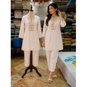 Premium Blush Pink Cotton Co-Ord Set with Heavy Embroidered Mirror & Pearl Placket Neckline Premium Blush Pink Cotton Co-Ord Set with Heavy Embroidered Mirror & Pearl Placket Neckline