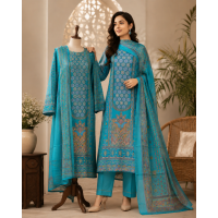 Royal Turquoise Blue Maslin Unstitched Suit with Traditional Ajrakh & Floral Digital Prints