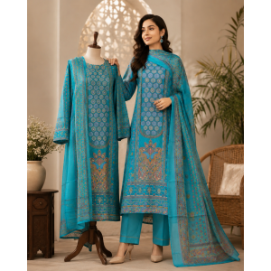 Royal Turquoise Blue Maslin Unstitched Suit with Traditional Ajrakh & Floral Digital Prints