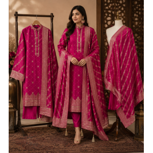Elegant Rani Pink Tassar Silk Unstitched Suit with Heavy Banarasi Dupatta