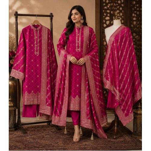 Elegant Rani Pink Tassar Silk Unstitched Suit with Heavy Banarasi Dupatta