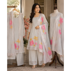 Luxury Silver Grey Shimmer Silk Unstitched Suit with Vibrant Floral Patchwork & Fancy Shimmer Dupatta