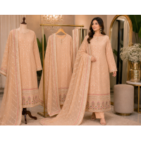 Pastel Peach Georgette Unstitched Boutique Suit Set with Shimmering Mirror-Style Work and Designer Dupatta Pastel Peach Georgette Unstitched Boutique Suit Set with Shimmering Mirror-Style Work and Designer Dupatta