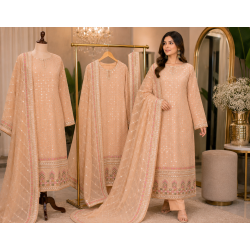 Pastel Peach Georgette Unstitched Boutique Suit Set with Shimmering Mirror-Style Work and Designer Dupatta Pastel Peach Georgette Unstitched Boutique Suit Set with Shimmering Mirror-Style Work and Designer Dupatta