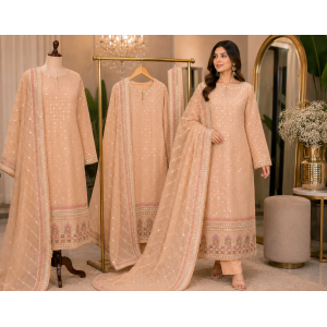 Pastel Peach Georgette Unstitched Boutique Suit Set with Shimmering Mirror-Style Work and Designer Dupatta