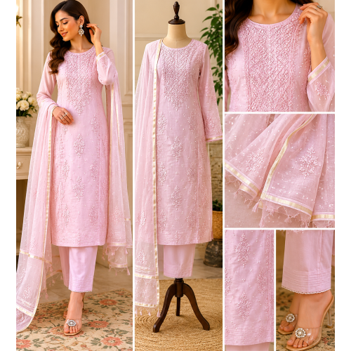 Pastel Pink Mal Cotton Lakhnavi Chikankari Unstitched Boutique Suit Set Pastel Pink Mal Cotton Lakhnavi Chikankari Unstitched Boutique Suit Set