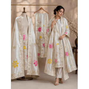Luxury Ivory Shimmer Silk Unstitched Boutique Suit Set with Designer Dupatta