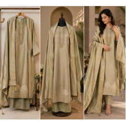 Muted Olive Green Jacquard Unstitched Luxury Boutique Suit Set with Designer Banarsi Dupatta Muted Olive Green Jacquard Unstitched Luxury Boutique Suit Set with Designer Banarsi Dupatta